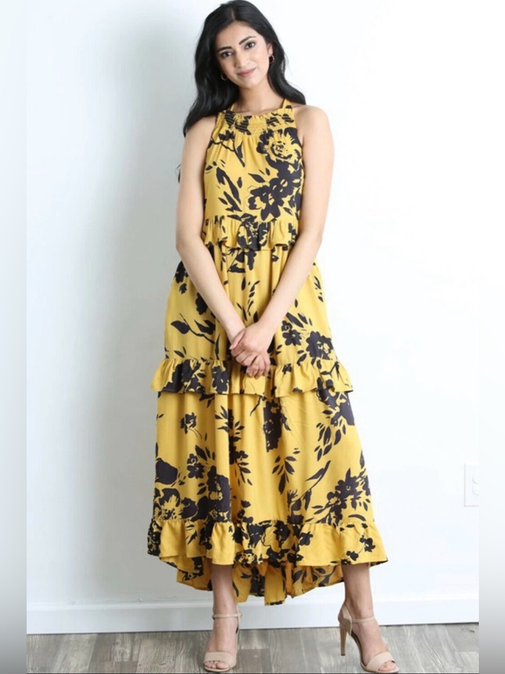 ANGIE Yellow Floral Ruffle Halter Tiered High-Low Maxi Dress Medium Boho